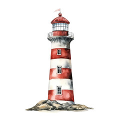 Hand-drawn Watercolor Illustration of a Striped Lighthouse.