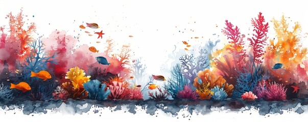 Watercolor abstract coral reef with colorful sea creatures on white.