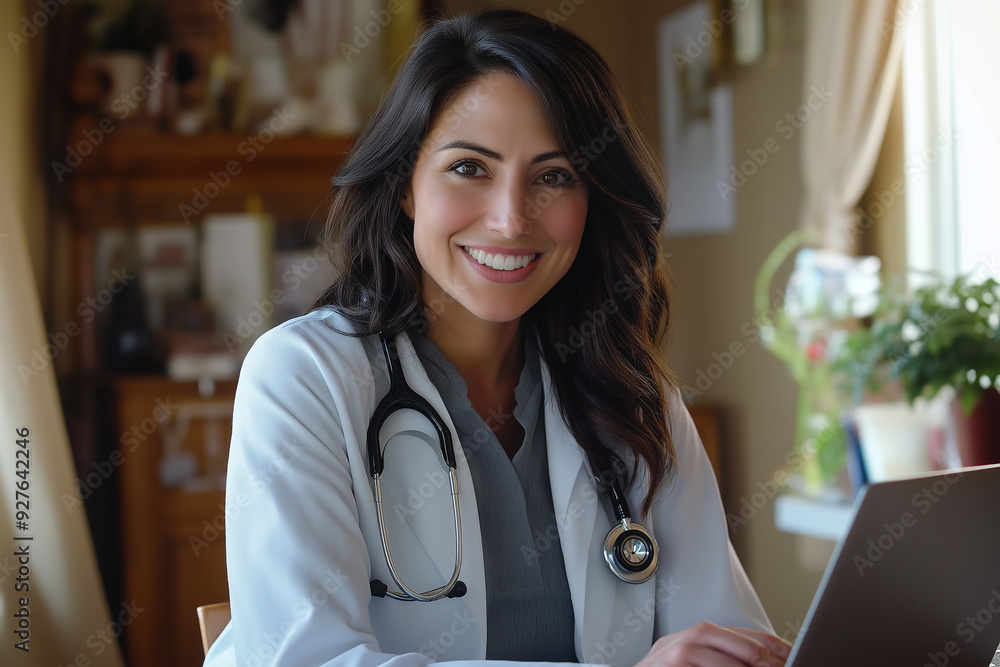 Wall mural close-up photo of female doctor working on laptop smiling and happy,