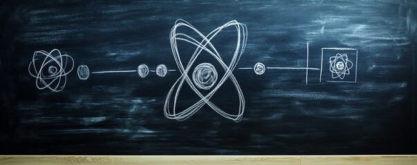 Illustrative chalkboard drawing of atomic structures, representing scientific concepts and the study of particles and atoms.