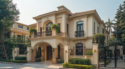 A two-story villa with beige exterior walls, high-end modern style and simple appearance in the city. Generative AI.