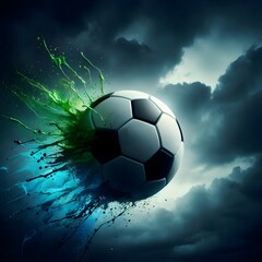 Fototapeta premium Silhouette of a soccer ball with a vibrant green and blue splash, against a dark stormy sky