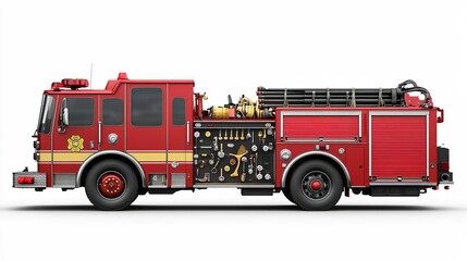 Red fire truck with emergency equipment png isolated