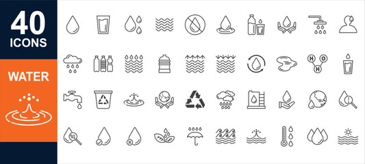 water linear icon Set of outline water icons. Minimalist thin linear web icon set. Drop Water, Mineral Water, Low and High Tide, Plastic Bottle and Glass. Editable stroke.