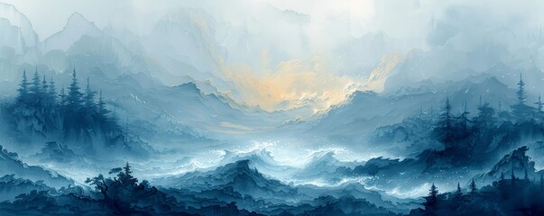 A painting of a mountain range with a blue sky and a few trees