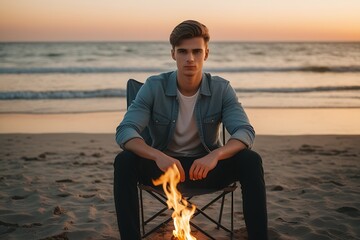 A handsome young man sitting on a beach chair at sunset, gazing at us with emotion, as a small fire flickers beside him