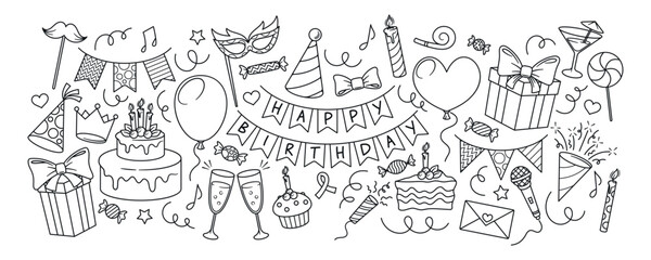 Doodle Birthday Celebration Vector Elements Including Birthday Cake, Candles, Birthday Hat and Balloons. Bunting, Horn