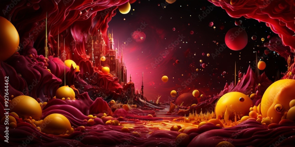 Poster red and yellow background with castle in the middle