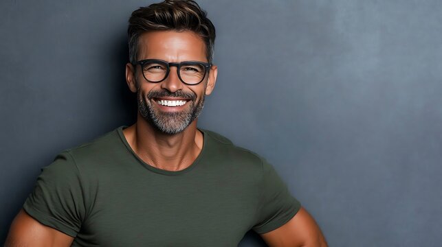 A smiling middle-aged Caucasian man with glasses poses against a dark background, exuding confidence and charisma in a casual green t-shirt.