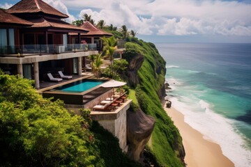 Obraz premium Luxurious cliffside villas with infinity pools overlooking the ocean in tropical paradise settings.