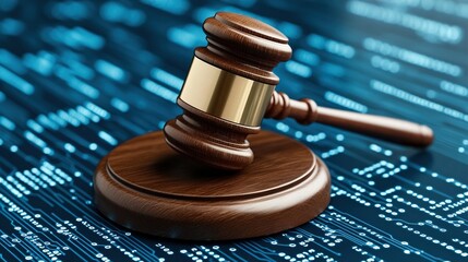 Judge's gavel on a blue digital background.