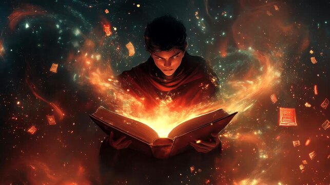 Sorcerer opens a glowing book, releasing ethereal creatures in an endless mystical library. Fantasy looping 4k video animation background