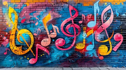 Vibrant Street Art Mural of Music Notes and Urban Elements Capturing the Energy and Diversity of City Music Culture