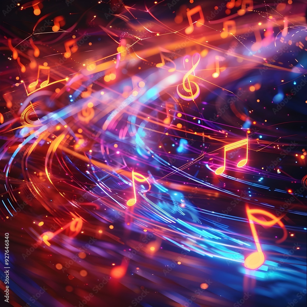 Poster vibrant music notes and sound waves in dynamic digital performance