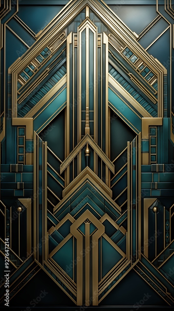 Poster art deco background. a detailed geometric pattern featuring a combination of teal and gold colors. t