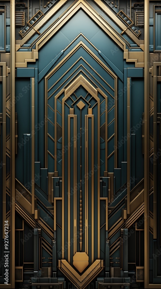 Poster art deco background. a detailed geometric pattern featuring a combination of teal and gold colors. t