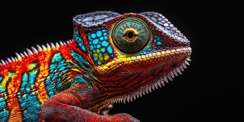Photo of a colourful chameleon isolated against a black background, emphasising the chameleon's majestic features. Wildlife and conservation concept, space for copy.