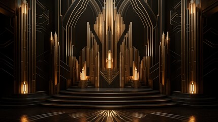 Art deco stage. A luxurious, art deco-inspired interior featuring tall golden structures and ambient lighting. The design includes geometric patterns and a dark backdrop.
