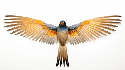 Naklejka premium Art deco bird. A beautifully crafted bird with vibrant orange and blue feathers, wings fully spread, showcasing intricate details and textures against a white background.