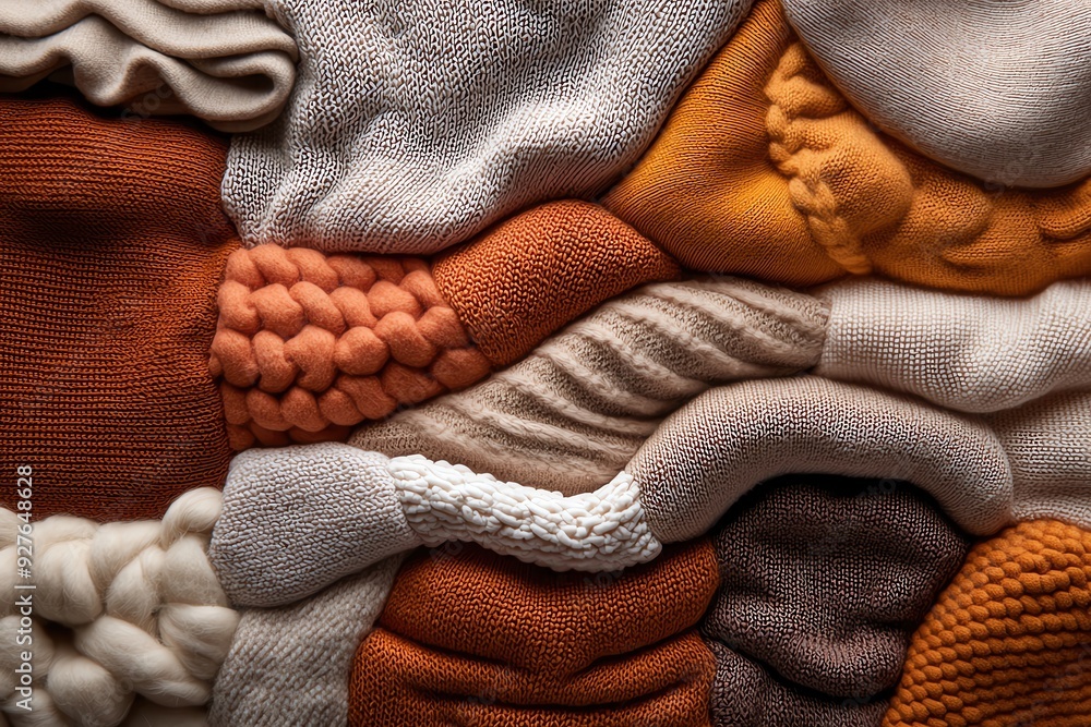 Poster a close-up of textured fabric featuring warm colors and intricate patterns, ideal for textile and de