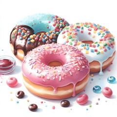 흰 배경, 도넛, 수채화 (white background, donut, water colour)