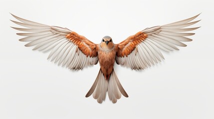 Naklejka premium Art deco bird. A beautifully detailed illustration of a bird with outstretched wings, showcasing intricate feather patterns in shades of brown and cream against a plain white background.