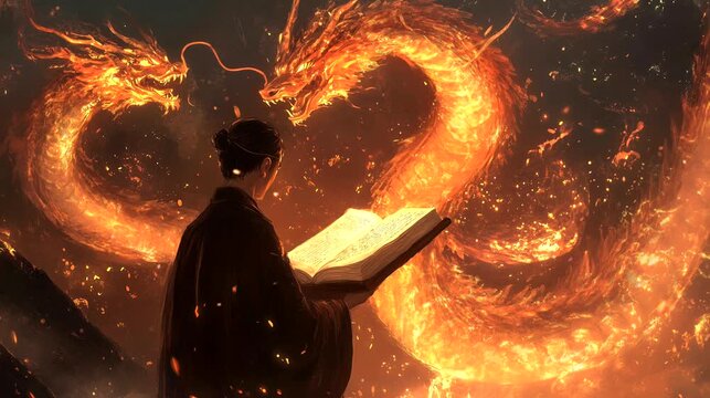 Scholar reads a forgotten language, summoning glowing dragons. Fantasy looping 4k video animation background