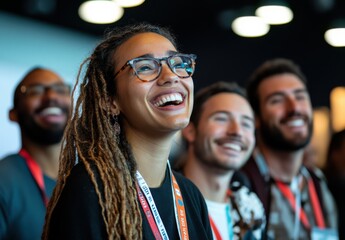 Obraz premium Businesspeople interact and laugh together in a congress setting, with a smiling newcomer joining in amidst the bustling trade show atmosphere.