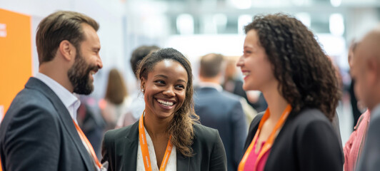 Businesspeople interact and laugh together in a congress setting, with a smiling newcomer joining in amidst the bustling trade show atmosphere.