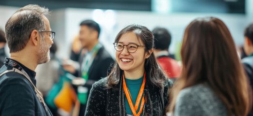 Obraz premium Businesspeople interact and laugh together in a congress setting, with a smiling newcomer joining in amidst the bustling trade show atmosphere.