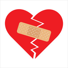 Red Heart broken to two pieces fixed with a plaster patch, vector illustration icon or logo, fixed broken heart concept, breakup or divorce, heartbreak regret, separated couple, tragic love.