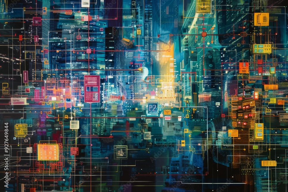 Poster an abstract digital artwork filled with a spectrum of colors, presenting a lively and imaginative vi
