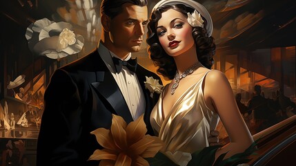 A art deco glamorous couple dressed in 1920s attire, standing close together in a dimly lit, elegant venue. The man wears a tuxedo with a bow tie, while the woman.