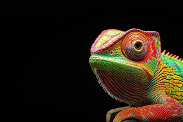 Fototapeta premium Photo of a colourful chameleon isolated against a black background, emphasising the chameleon's majestic features. Wildlife and conservation concept, space for copy.