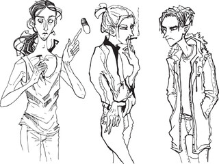 Set linear sketch of characters men addicted to drugs alcohol smoking bad habits People with sociallydisgruntled angry thin man cartoon character clip art illustration line design people silhouette