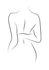 Naked linear figure of a beautiful girl isolated on a white background. Vector illustration of a graceful figure of a girl with wavy hair. Line sketch of a woman posing. Back view of the girl.