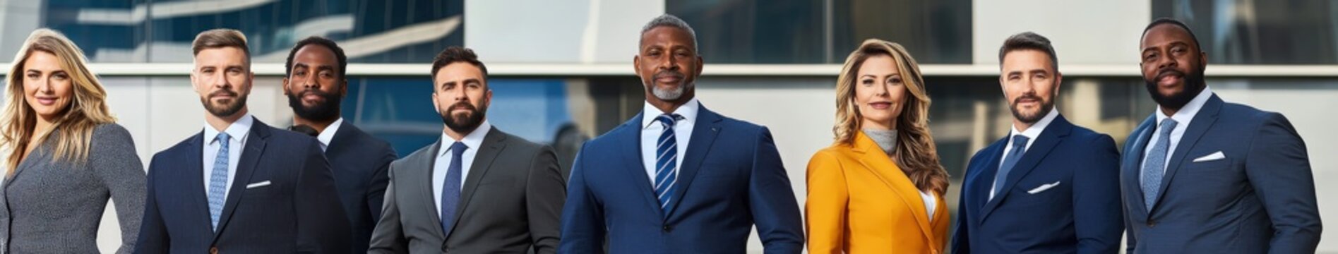 Professional team poses confidently outside modern office building