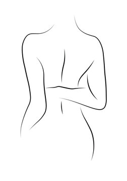 recommend clip art: Naked linear figure of a beautiful girl isolated on a white background. Vector illustration of a graceful figure of a girl with wavy hair. Line sketch of a woman posing. Back view of the girl.