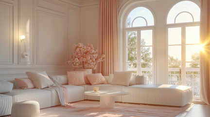 Fototapeta premium An interior design of living room with pastel colors, with light pink and cream color theme, with sleek furniture, window. Generative AI.
