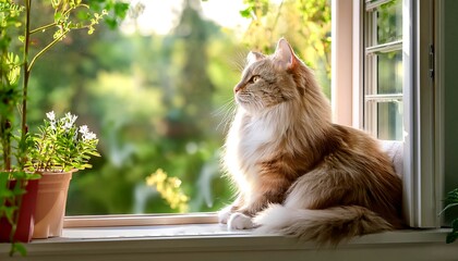 A long-haired cat sitting on a windowsill with a view of the garden. 3