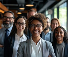 Fototapeta premium Diverse team of professionals smiling together in urban office setting