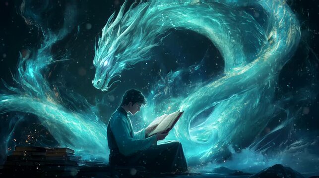 Scholar reads a forgotten language, summoning glowing dragons. Fantasy looping 4k video animation background