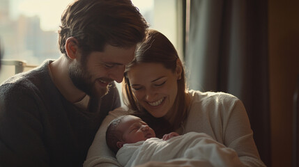A newborn baby is born in a hospital, and the mother and father are looking at the child with joy. 