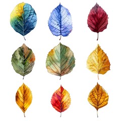Obraz premium Vibrant Watercolor Autumn Leaves Collection Against Crisp White Background