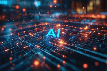 AI Technology Background with Digital Grid and Neon Lights