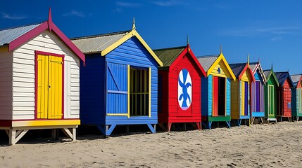 Row of colorful beach huts under clear blue skies, each painted with vibrant, unique designs