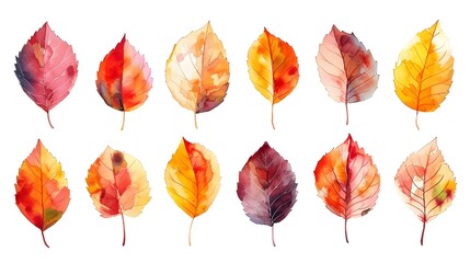 Obraz premium Vibrant Autumn Watercolor Leaf Collection on White Background