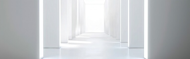 Fototapeta premium Bright white corridor with glowing lights and minimalistic design