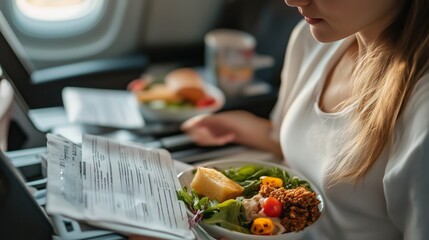 Woman Eating Meal on Airplane