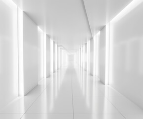 Fototapeta premium Bright white corridor with glowing lights in a minimalist design